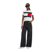 Tommy Hilfiger women white organic cotton t shirt with bold red white and navy logo across the chest