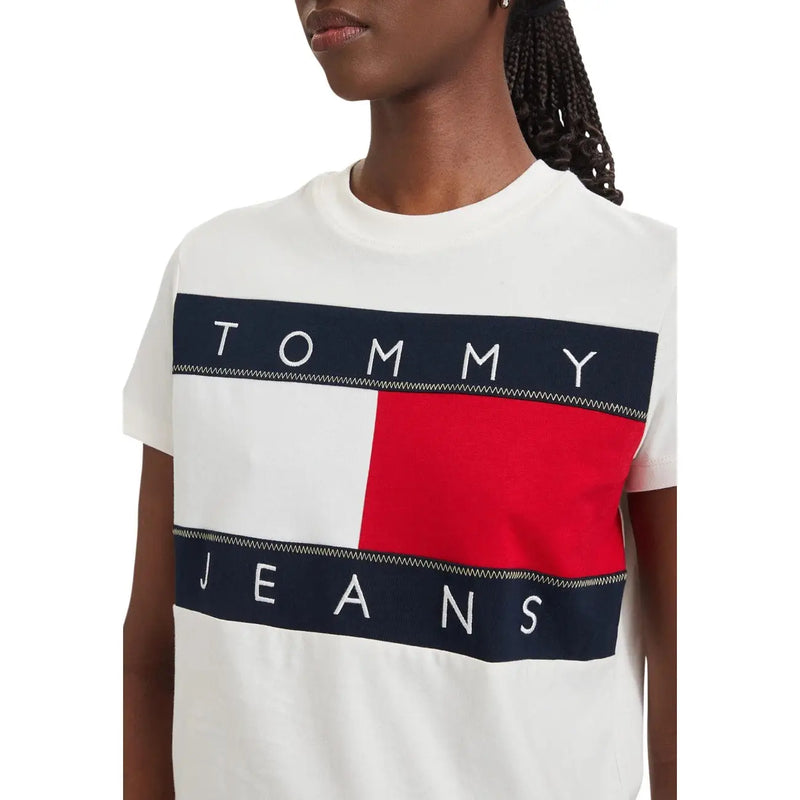 Tommy Hilfiger women white organic cotton t shirt with round neck and bold red white navy flag logo stitched detailing