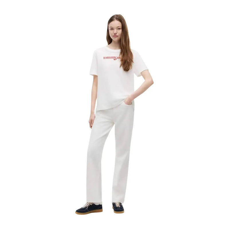 Tommy Hilfiger T-shirt court blanc en coton biologique pour femme, avec logo rouge brodé sur le devant