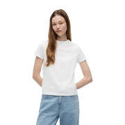 Tommy Hilfiger women white organic cotton short t shirt with a subtle multicolored Calvin Klein logo on the chest