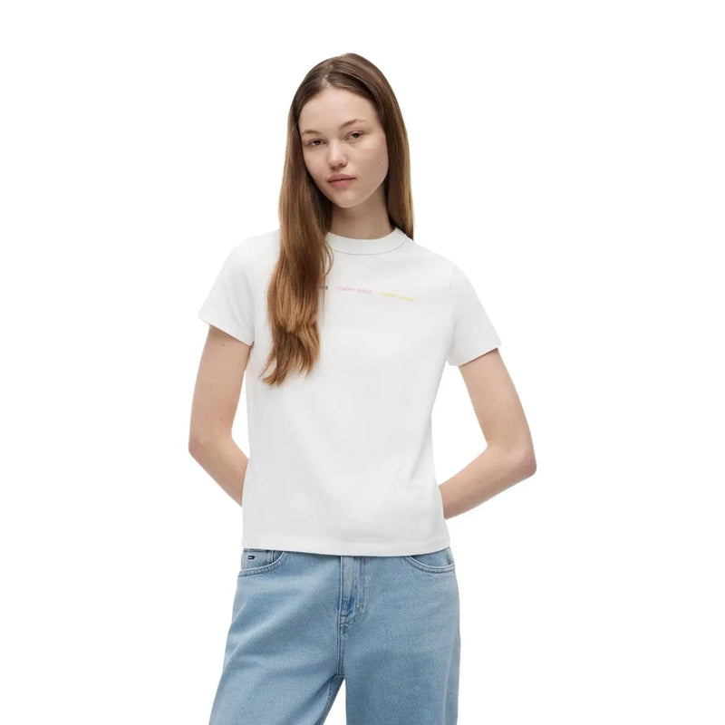 Tommy Hilfiger women white organic cotton short t shirt with a subtle multicolored Calvin Klein logo on the chest