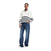 Tommy Hilfiger Pull à demi-zip rayé blanc et noir pour femme, avec poignets et col côtelés en coton biologique