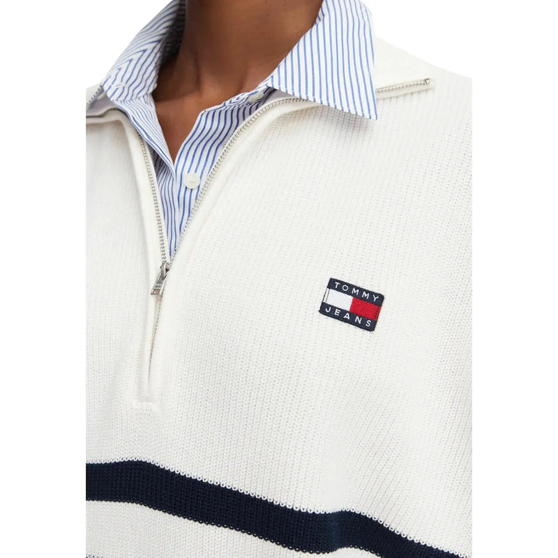 Tommy Hilfiger Pull blanc en maille à demi-zip pour femme, orné d'une rayure marine et d'un écusson logo, en coton biologique