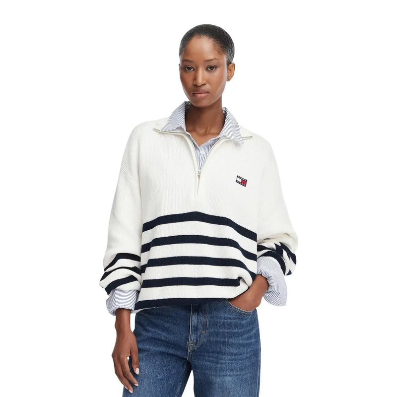 Tommy Hilfiger Pull blanc en maille pour femme, à rayures bleu marine, col zippé, col roulé en coton biologique.
