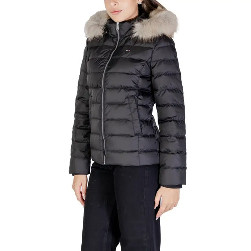 Women’s black puffer jacket with fur-trimmed hood from Tommy Hilfiger Womens collection