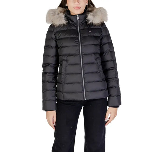 Black puffer jacket with fur-trimmed hood and silver zipper for Tommy Hilfiger women