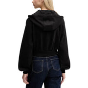 Tommy Hilfiger womens black cropped hooded zip sweatshirt with velvety texture and puffy sleeves