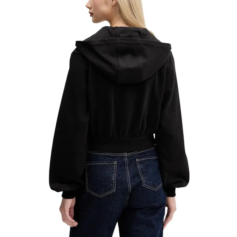 Tommy Hilfiger womens black cropped hooded zip sweatshirt with velvety texture and puffy sleeves