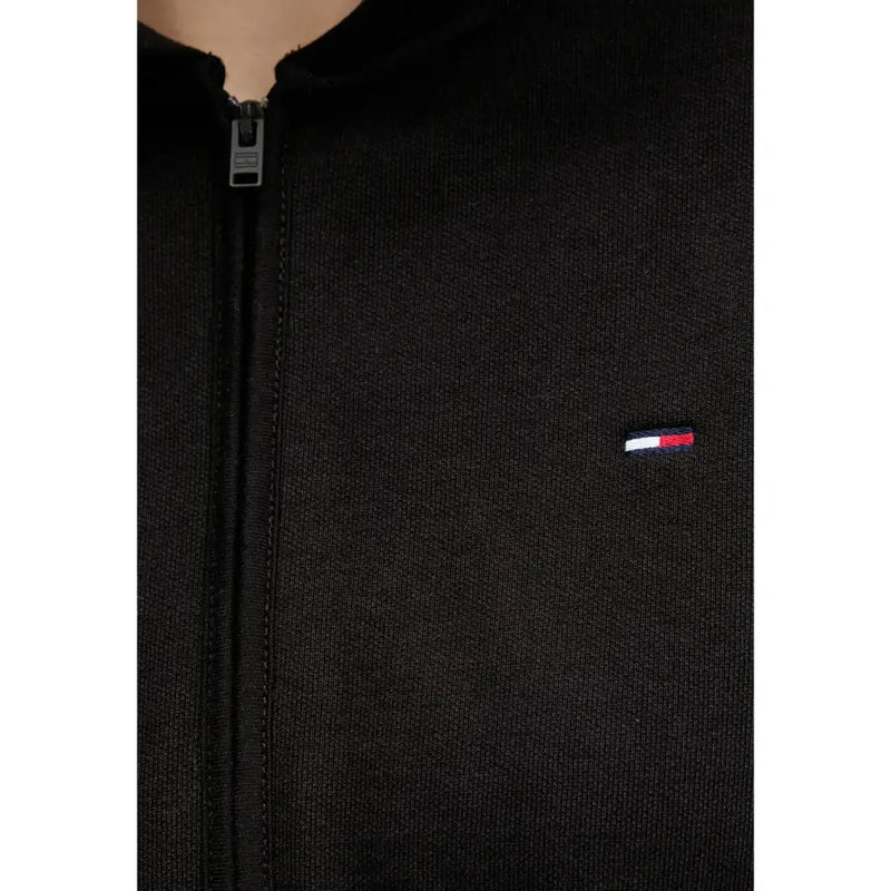 Tommy Hilfiger women’s black hooded zip sweatshirt with subtle textured knit and embroidered flag logo on the chest