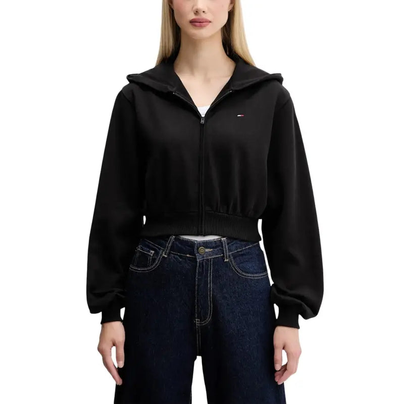 Tommy Hilfiger womens black cropped zip-up hoodie with elastic cuffs
