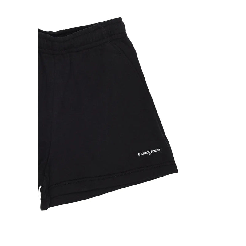 Tommy Hilfiger women’s black organic cotton shorts with soft elastic waistband and subtle white embroidery on lower leg