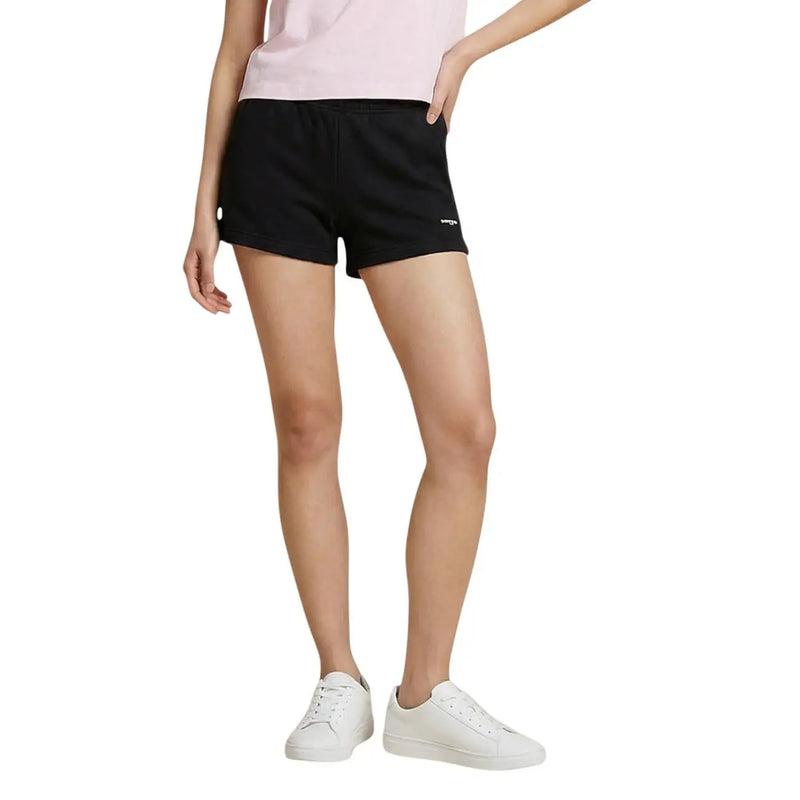 Tommy Hilfiger women’s black organic cotton athletic shorts with a subtle white logo on the lower right leg