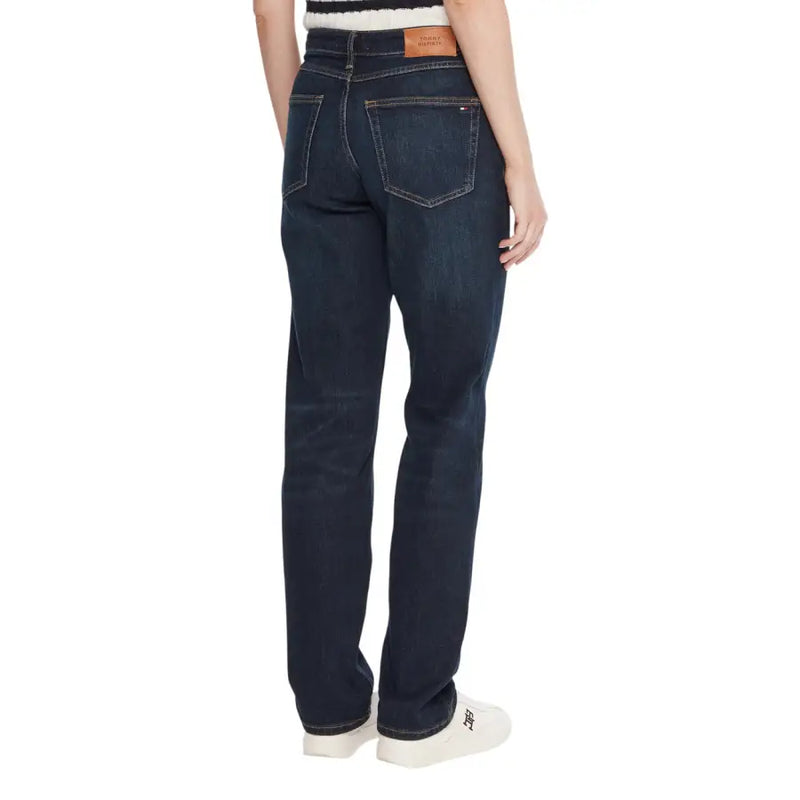 Tommy Hilfiger women’s blue organic cotton denim jeans in dark indigo with straight-leg cut and white stitching