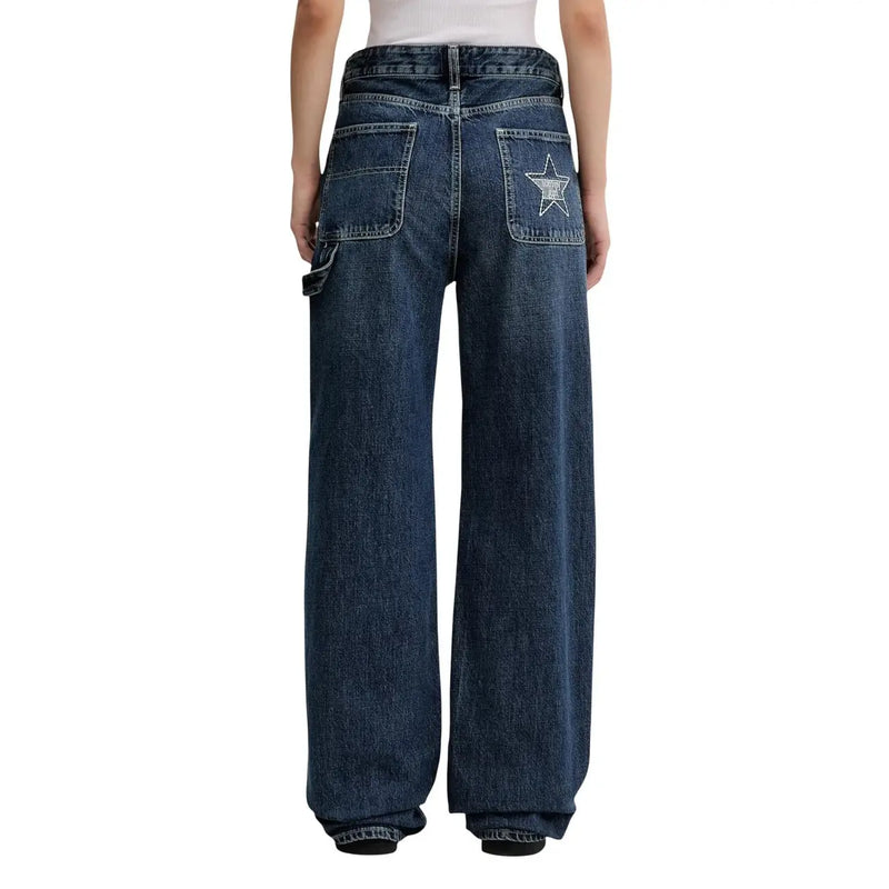 Back side of tommy hilfiger women’s dark blue organic cotton jeans with star embroidery on the back pocket