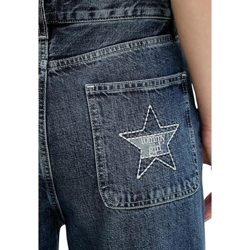 Back side of tommy hilfiger women’s dark-wash blue organic cotton jeans with white embroidered star patch on pocket