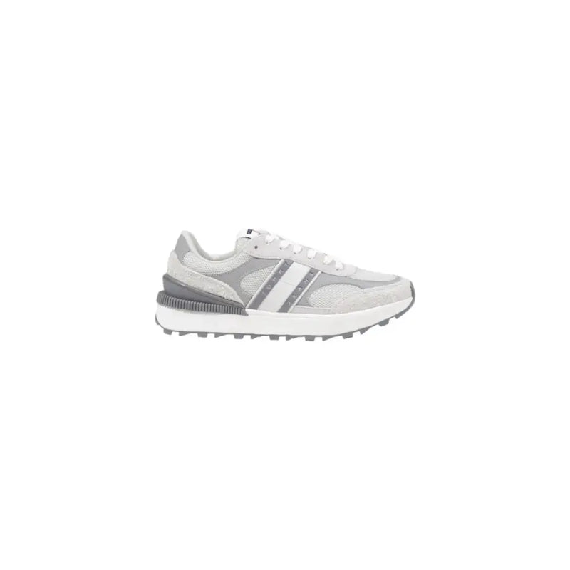 Tommy Hilfiger women’s grey leather sneakers with gray and white mesh and a chunky sole for casual wear