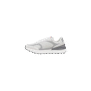 Tommy Hilfiger women’s grey leather sneakers with gray and white mesh upper and textured rubber sole