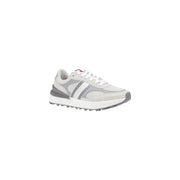 Tommy Hilfiger women’s grey leather sneakers with mesh upper, striped side panel, and chunky sole