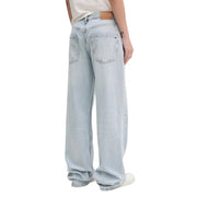 Tommy Hilfiger women’s light blue ripped denim jeans with wide-leg cut and brown leather patch at the waistband back side