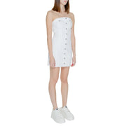 Tommy Hilfiger women’s white cotton strapless mini dress with button front and frayed hem in white denim