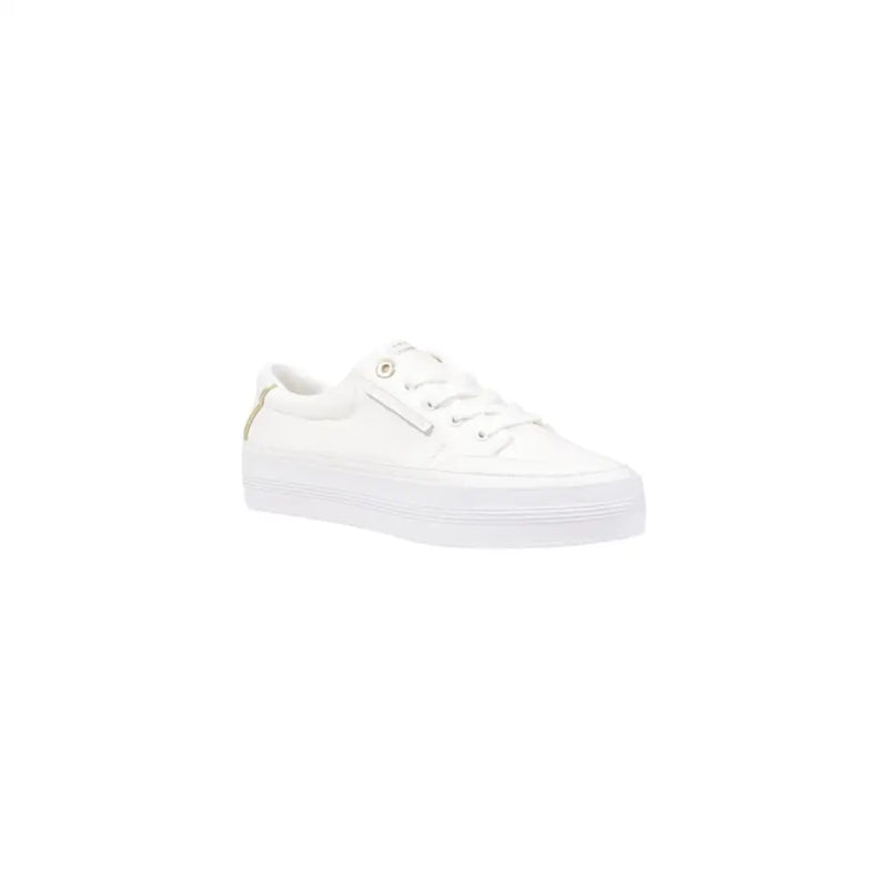 Tommy Hilfiger women’s white cotton low-top sneakers with chunky rubber sole and gold-tone eyelets and heel tab