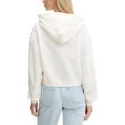 Tommy hilfiger women’s white hooded organic cotton sweatshirt featuring a cream-colored cropped hoodie with ribbed cuffs
