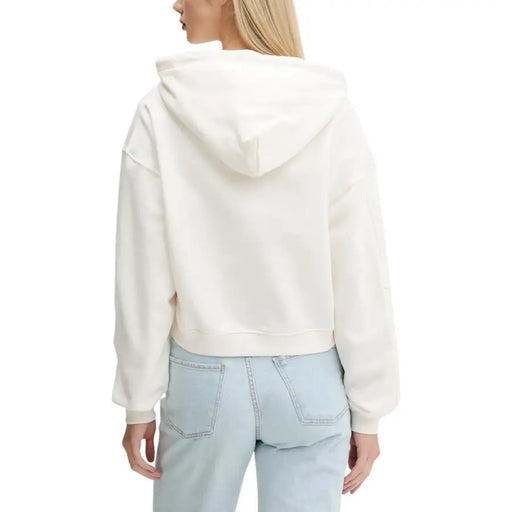 Tommy Hilfiger womens cream-colored cropped organic cotton hooded sweatshirt with relaxed fit and ribbed cuffs