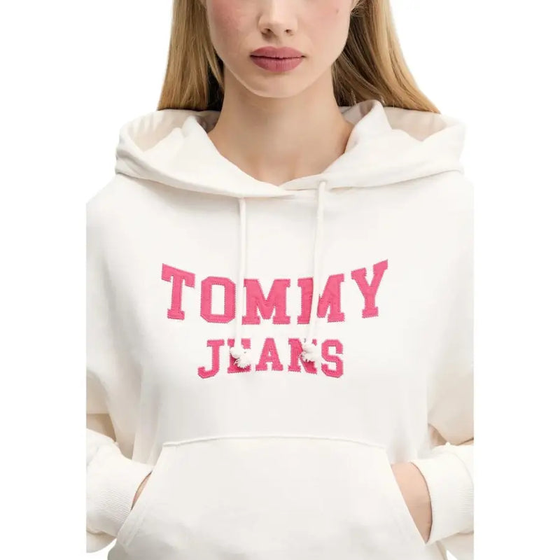 Tommy Hilfiger women’s white hooded organic cotton sweatshirt with pink embroidered lettering and drawstrings