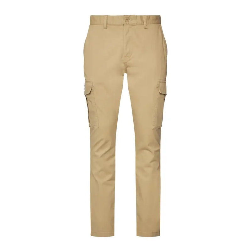 Tommy Jeans men beige cotton elastane khaki cargo pants with two large side pockets and button closure