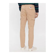 Beige tommy jeans men cotton elastane cargo pants with multiple pockets and brand label on the back waistband