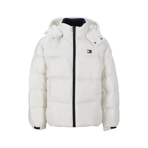 Tommy hilfiger white puffer jacket with hood and zipper.