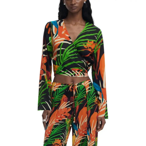 Tropical print wrap top and pants set displayed in the Tropical Print Wrap Top and Pants Set product