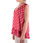 Débardeur pour femme Twinset Simona Barbieri top en polyester rouge avec bordure en dentelle à pois crème et ourlet à volants