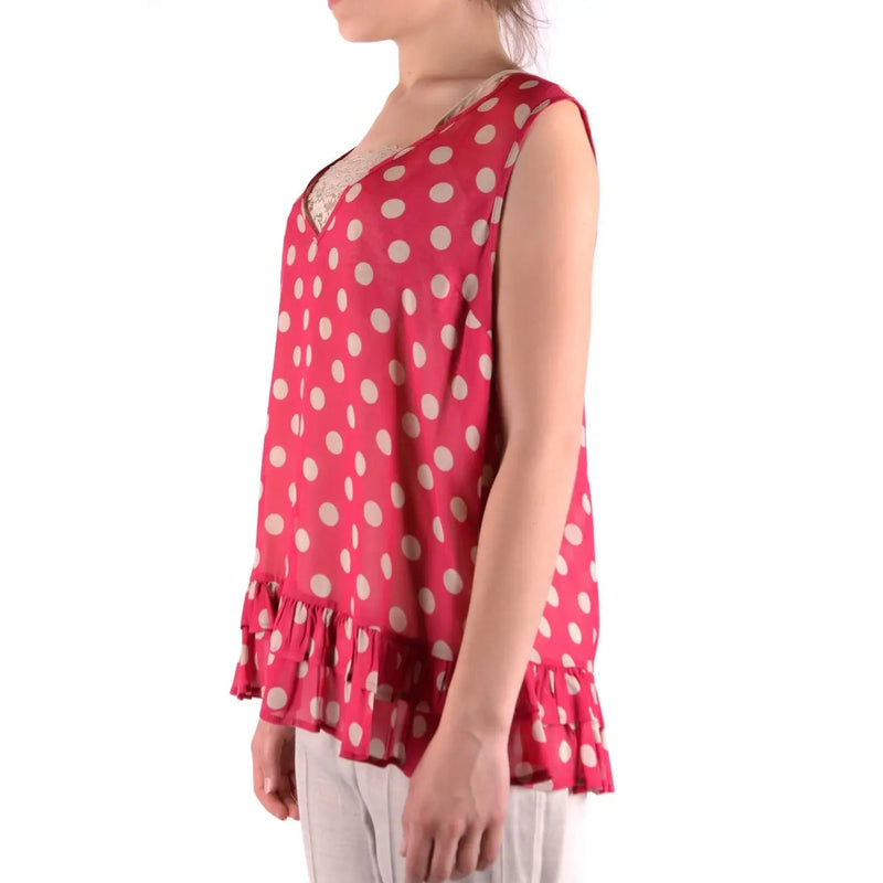 Débardeur pour femme Twinset Simona Barbieri top en polyester rouge avec bordure en dentelle à pois crème et ourlet à volants