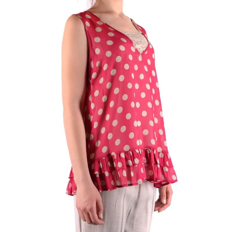 Débardeur rose vif sans manches en polyester top Robe à pois crème et ourlet volanté signée Simona Barbieri