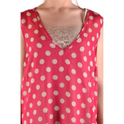Débardeur rose vif sans manches en polyester top par Simona Barbieri avec des pois blancs et une bordure en dentelle à l'encolure en V