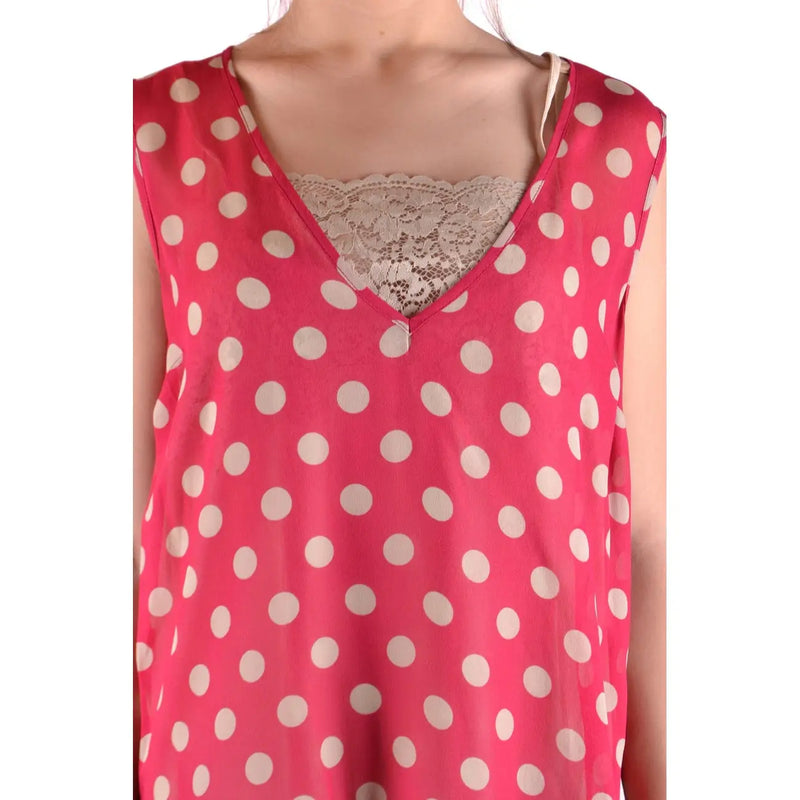 Débardeur rose vif sans manches en polyester top par Simona Barbieri avec des pois blancs et une bordure en dentelle à l'encolure en V