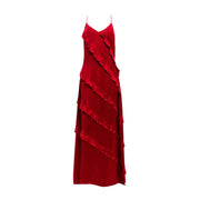 Twinset red sleeveless v neck viscose spring summer dress with vibrant red satin slip and cascading ruffled tiers