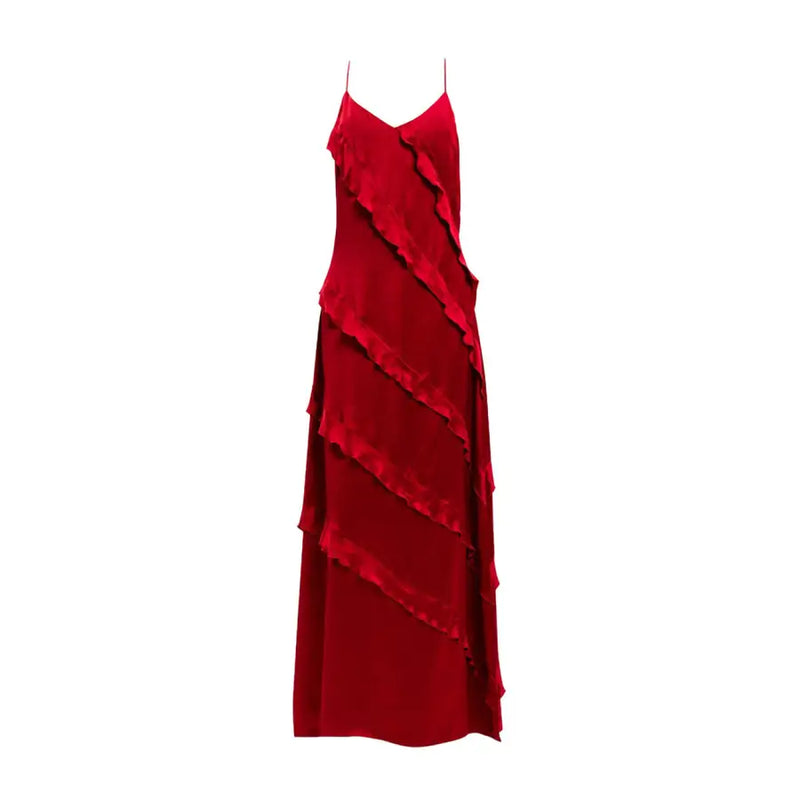 Twinset red sleeveless v neck viscose spring summer dress with vibrant red satin slip and cascading ruffled tiers