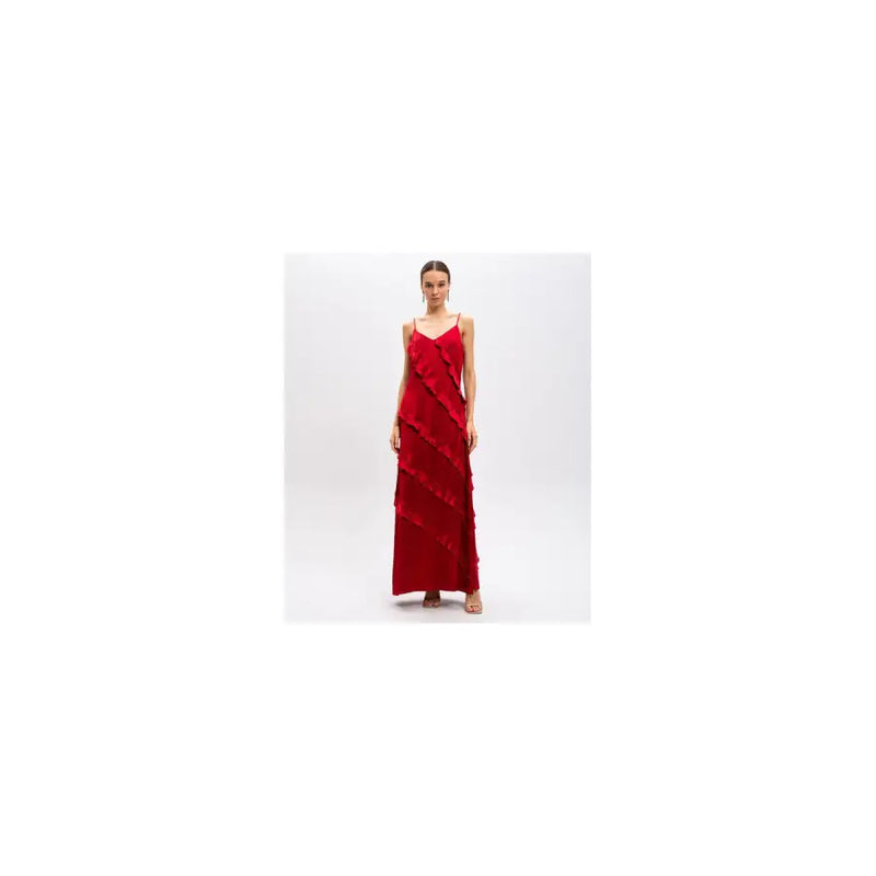 Twinset red sleeveless v neck viscose spring summer dress in flowing satin with ruffled sides and high slit