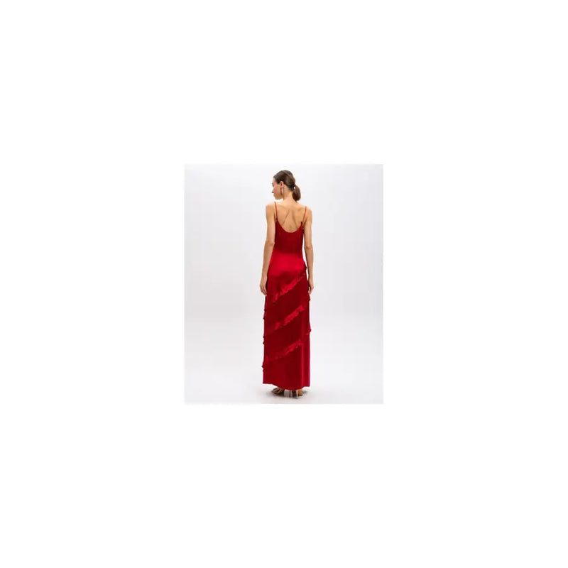 Twinset red sleeveless v neck viscose spring summer dress with flowing red satin maxi skirt and tiered ruffles