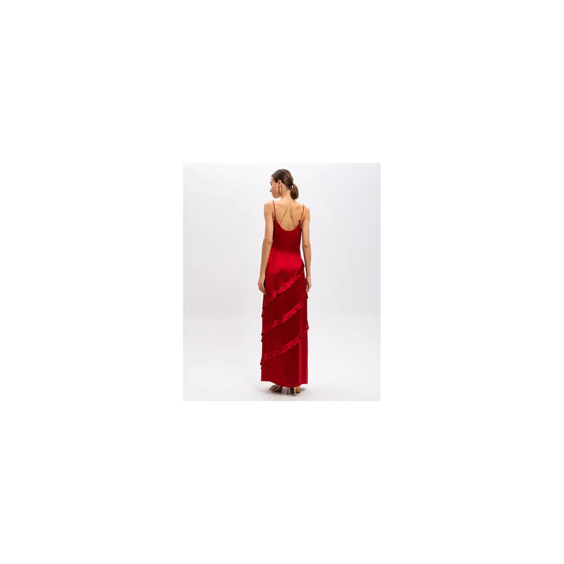 Twinset red sleeveless v neck viscose spring summer dress with flowing red satin maxi skirt and tiered ruffles