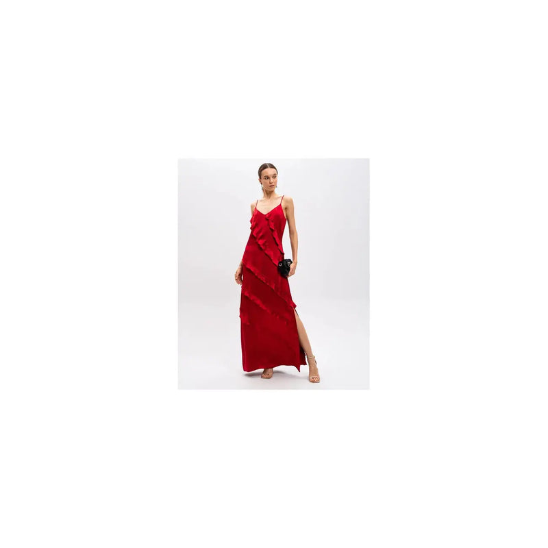 Twinset red sleeveless v neck viscose spring summer dress in flowing satin with ruffled sides and high slit
