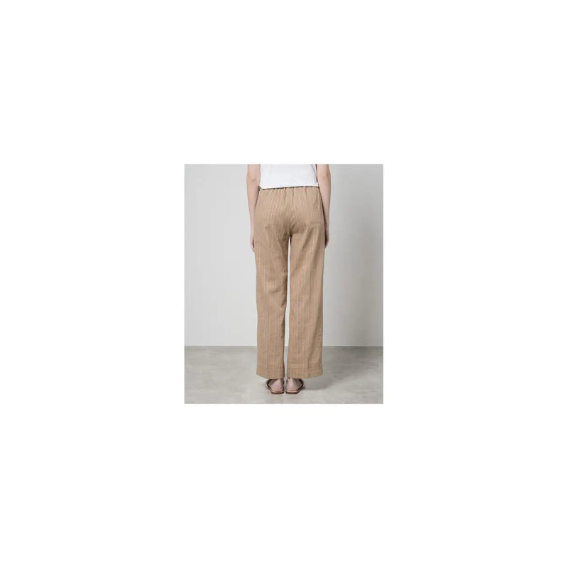 Pantalon en lin beige à fines rayures verticales et taille élastiquée, issu de la collection coton et lin femme Twinset.