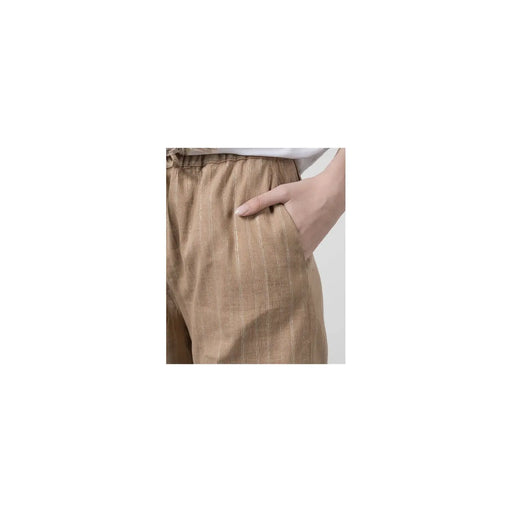 Ensemble pantalon femme en coton et lin beige à rayures verticales discrètes et taille élastiquée