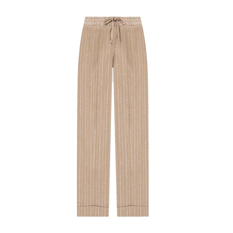 Ensemble pantalon femme beige en coton et lin, à fines rayures verticales et taille élastiquée avec cordon de serrage (vue de face)