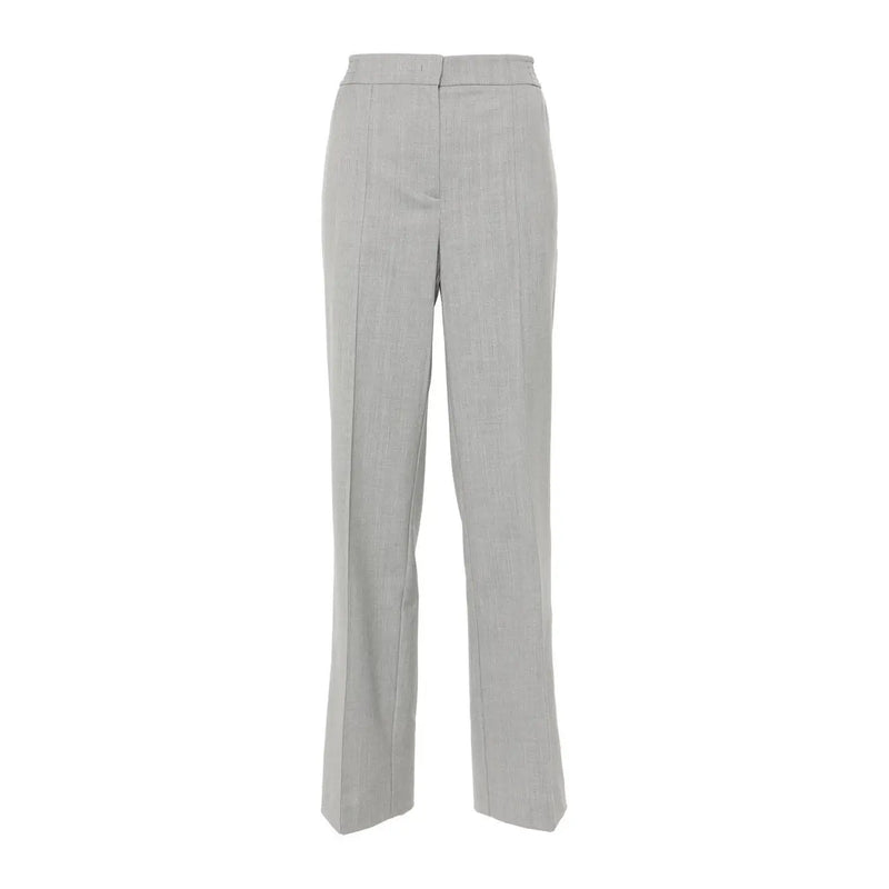 Ensemble pantalon et jupe pour femme en laine mélangée gris clair, à la texture subtile et à la coupe droite ajustée, fermeture éclair et bouton.