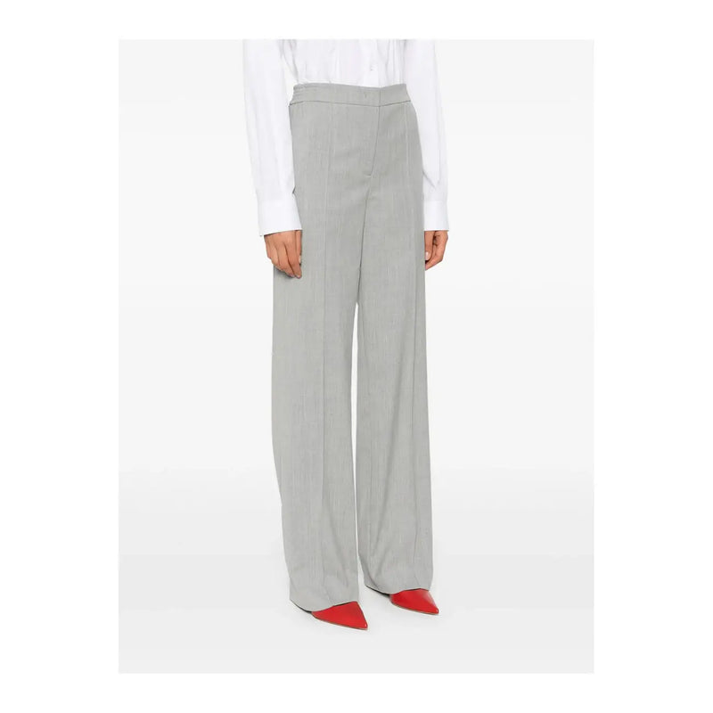 Ensemble pantalon gris en laine mélangée pour femme, coupe ample et ajustée, plis verticaux discrets, fermeture éclair et bouton, taille 44