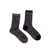 Two gray socks alongside a coffee cup with lid on a stylish display