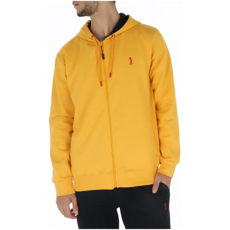 U.S. Golf Club men’s bright yellow zip-up hoodie with orange drawstrings and red embroidered logo for comfort and style